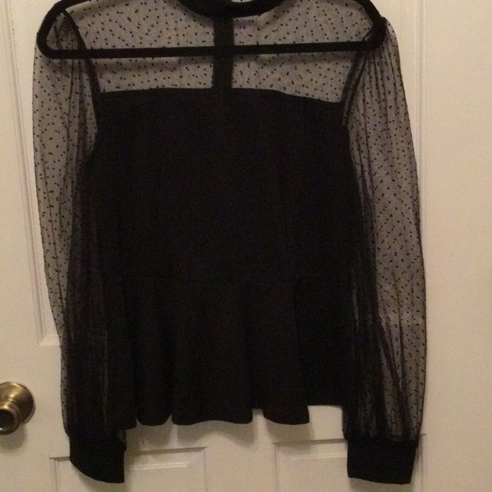 Black Sheer Dot Mesh Peplum Blouse